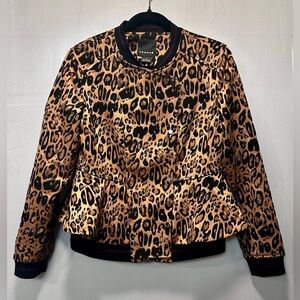 Trouve Women’s Leopard Print Diva Y2K-Glam Bomber Jacket Peplum Hem Size M